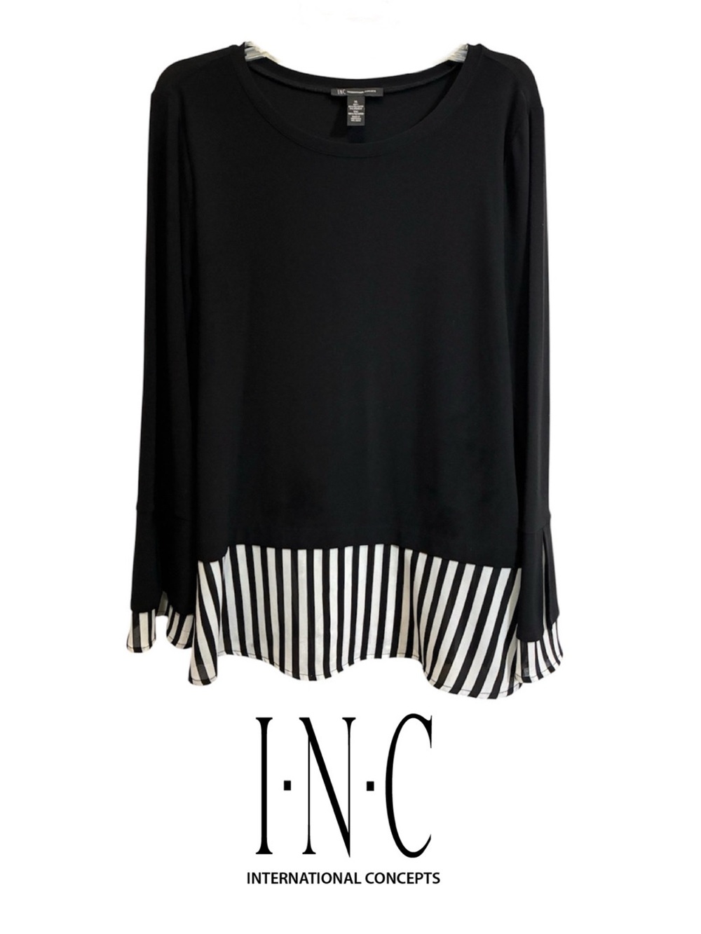 INC International Concepts Black Long-Sleeve Layered Stripe Hem Top